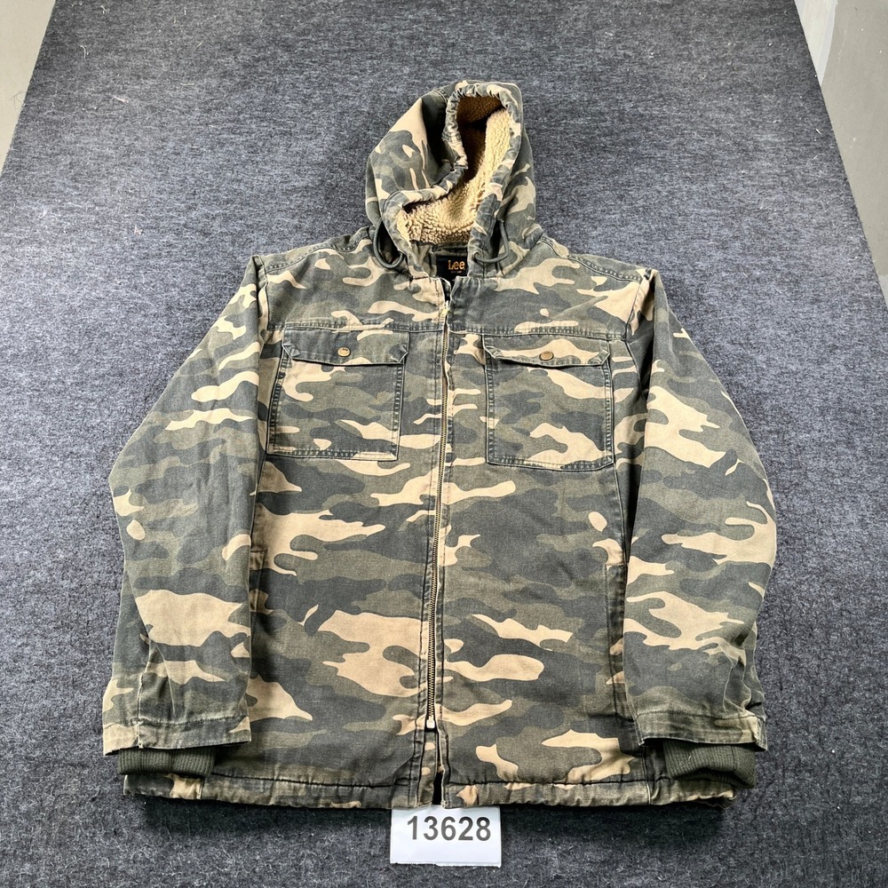 Lee Military Field Jacket Men Medium Green Camouflage Cotton Hooded Sherpa Lined